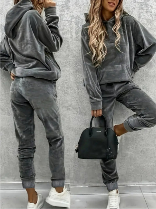 Lady Velvet 2pcs Set (Solid-color Long-sleeved Hooded Sweatshirt And Sweatpants Set) Soft Velvet Y Set for Casual Wear, Dress-up Set, Y Set