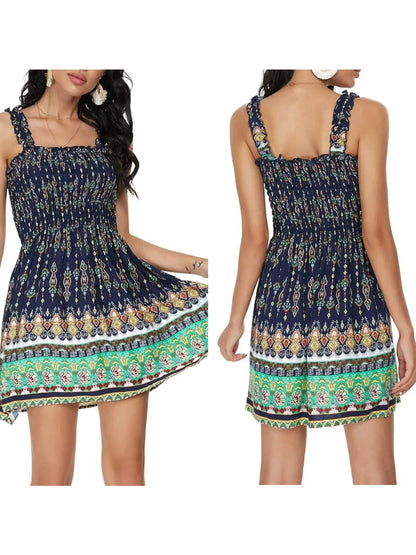 3 pieces Women summer boho dress casual floral print spaghetti strap square neck short dress Random Color