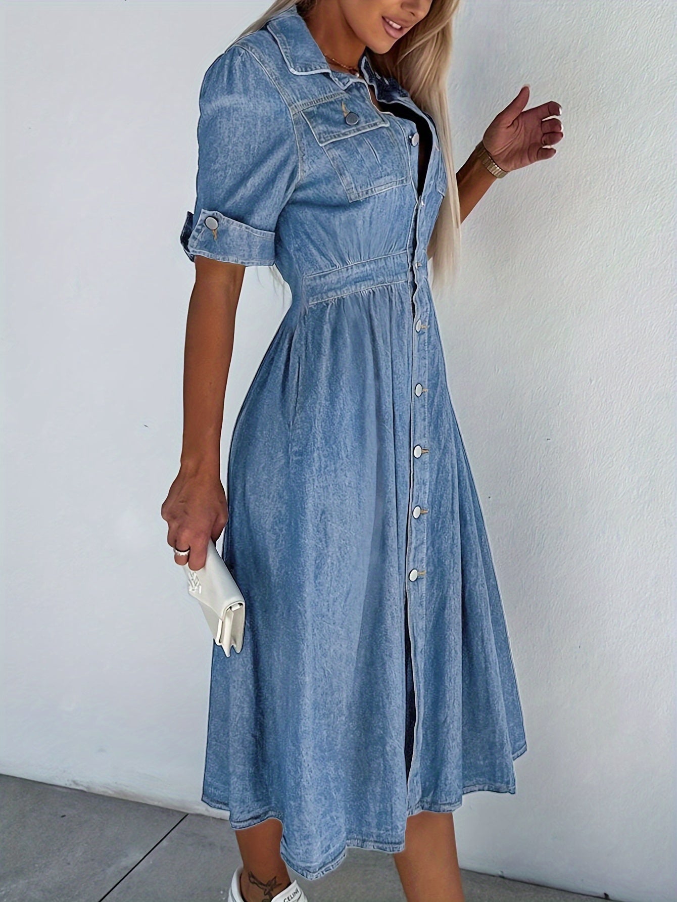 Cross Border Denim Skirt, Women'S Waist Trimming, Large Skirt Hem, Dress with Button Up V-Neck, Fashionable And Temperament, Women'S Skirt