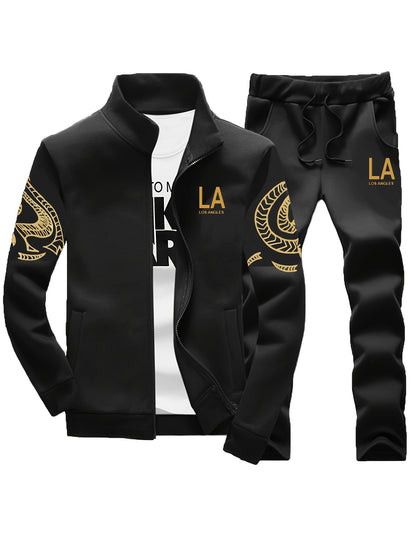 Men'S Casual Sporty Zip-Up Jacket And Joggers Set - Striped, Polyester, Spring/Fall Collection