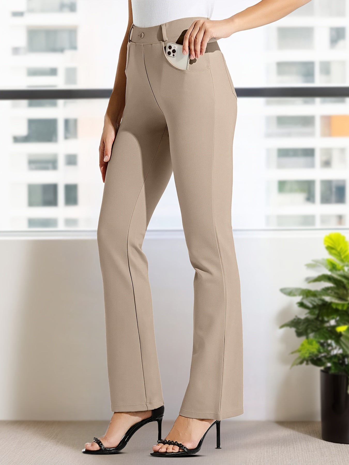 Plus Size, Plus Size Women's Dress Work Pants Slacks Stretch Comfy Breathable Soft Casual Office High Waisted Tummy Control Flare Pants with Belt Loops 4 Pockets Lounge Business