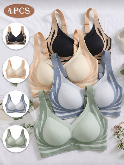 4pcs Wireless Bra Set for Women, Comfortable, Seamless, No Underwire Bra, Soft Support Daily Bra, Suitable for Home, Work, And Gym (Black, Blue, Green, Beige)