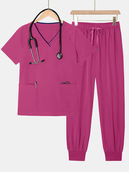 2pcs Set Of Top And Pants, Women's V-neck Frosted Breathable Pocket S Uniform, Brushed Hand Clothes, Work Clothes, Hand Washing Clothes, Pocket Clothes, Leg Binding Pants Set