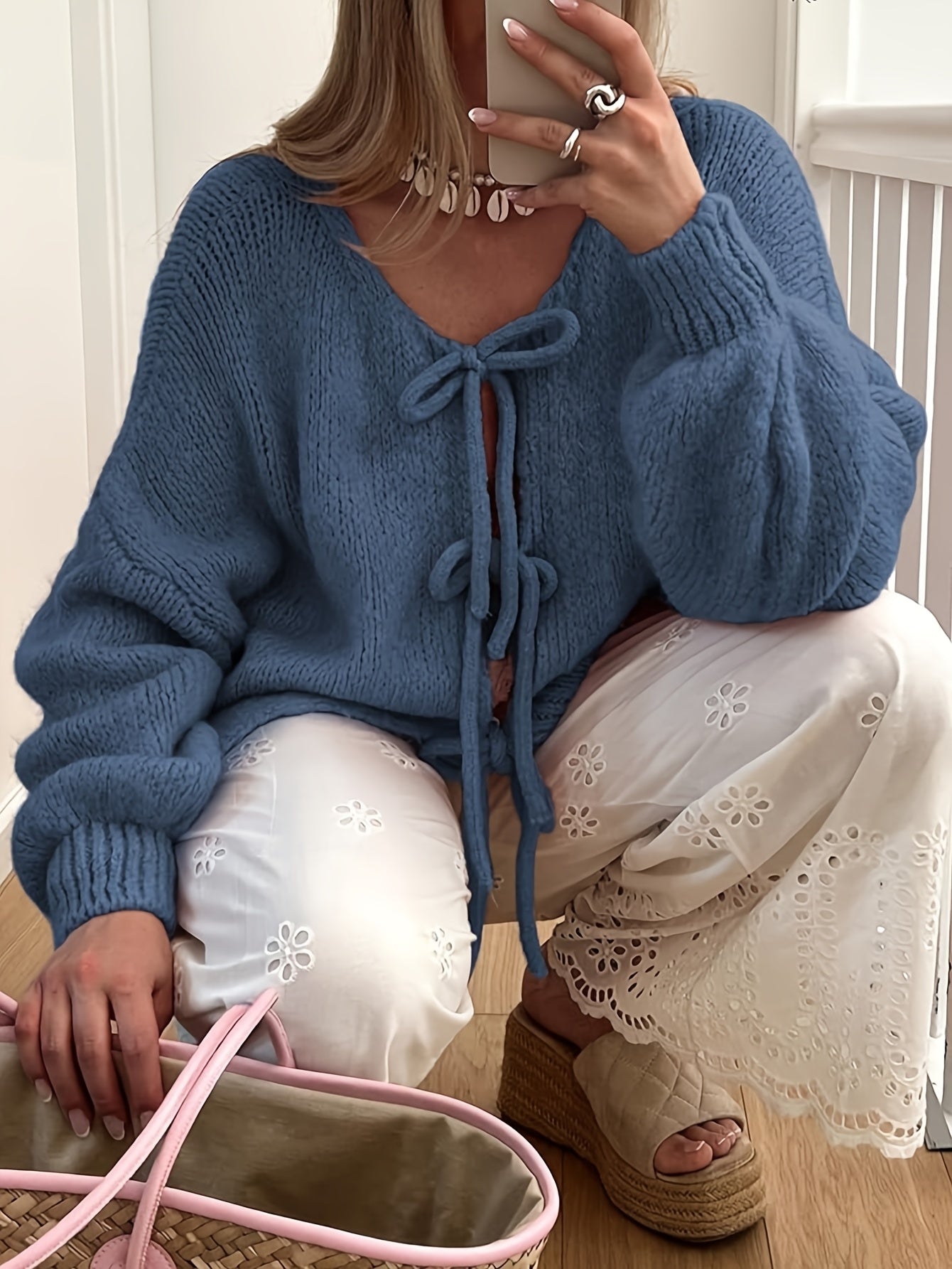 Women'S Oversized Bowtie Sweater Cardigan with Y2K Vibe Long Sleeves V Neck Open Front Casual Wear