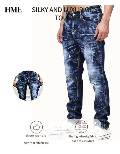 [HME] New Men's Slim-fit Straight Jeans for All Four Seasons, A Major Release for Spring And Autumn 2025, Featuring Floral And Lightning-washed Durability. Slim-fit Casual Pants, Versatile Korean Style Trendy Long Pants for Men's Outdoor Wear