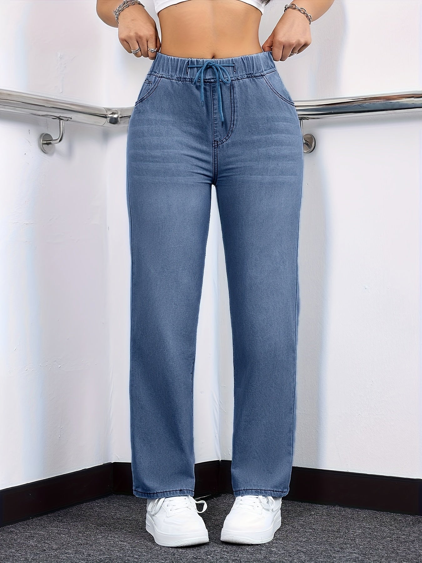 [Drawstring Waist Jeans] Plus Size Women's Drawstring Waist Straight Leg Jeans | High Waist Stretchy Washed Denim | Casual Trendy Comfy Jeans for Daily Wear | Flattering Fit