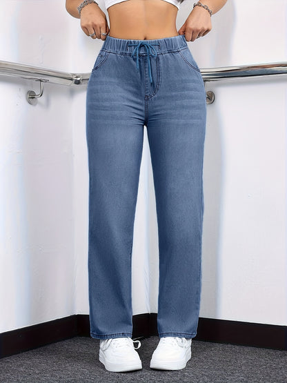 [Drawstring Waist Jeans] Plus Size Women's Drawstring Waist Straight Leg Jeans | High Waist Stretchy Washed Denim | Casual Trendy Comfy Jeans for Daily Wear | Flattering Fit