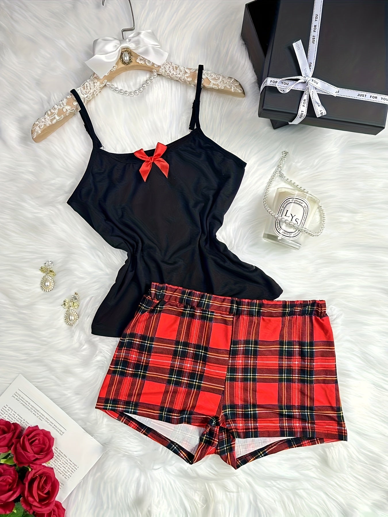 New Spring/Summer Color-Block Bow Spliced Adjustable Strap Plaid Heart Print Elastic Waist Casual Loungewear Pajama Set, Comfortable Fabric with a Soft Touch