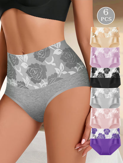 6pcs Summer Explosive Models Of Women'S Panties Sweat Absorbent And Breathable Holiday Gift Elegant And Dignified High-waisted Shaping Belly