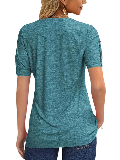 Casual Short-Sleeve T-Shirt for Women, Featuring a Pleated Design And V-Neck in Solid Colors, Perfect for Summer