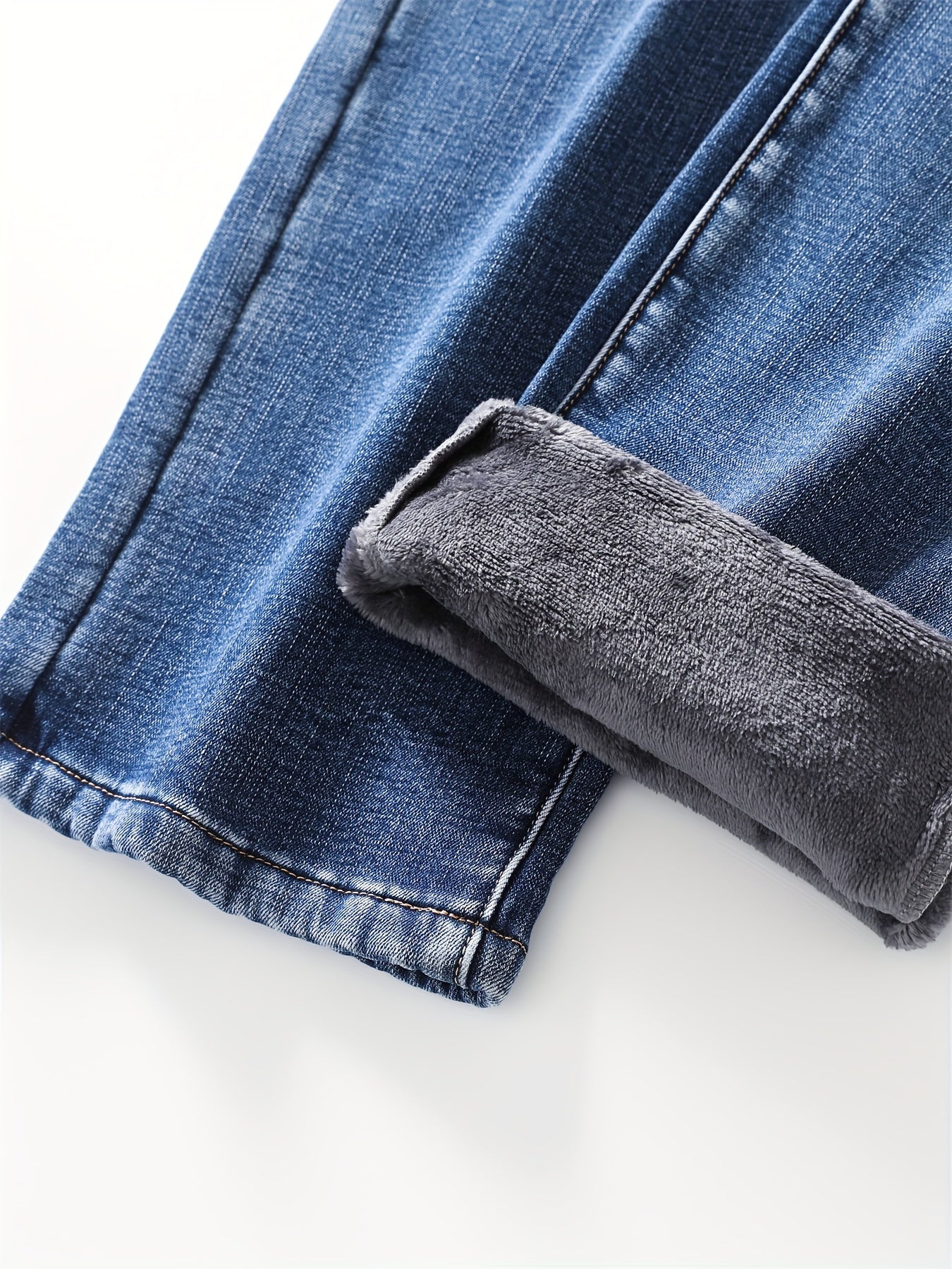 Men's Warm Fleece Stretch Jeans, Loose Casual Fleece Jeans, Straight Mid-waist Fashionable Versatile Jeans, Suitable For Daily, Business, Outdoor