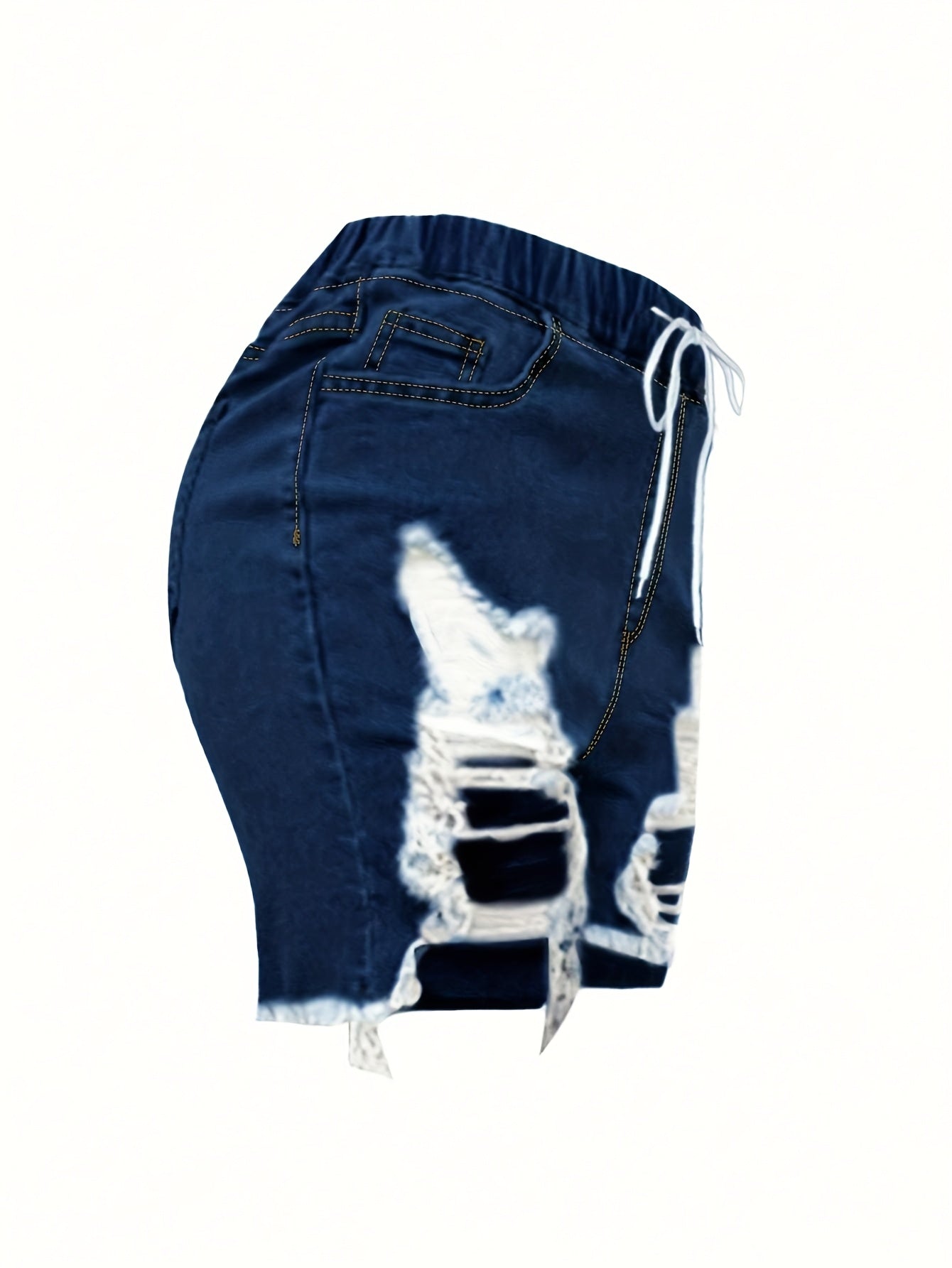 Ladies' Fashionable Ripped Denim Shorts, Mid Waist Straight Leg Pants, Waist Drawstring Design, Frayed Edges with Pockets, Summer Casual Wear