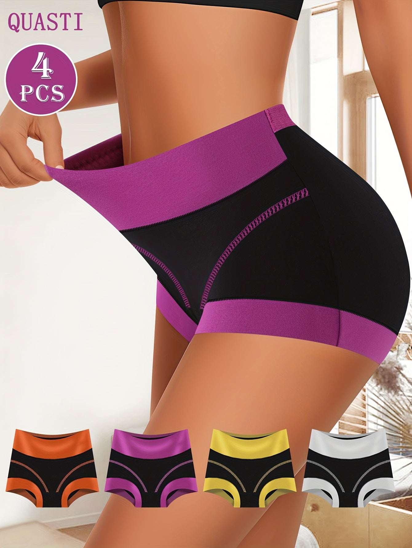 Set of 4 High Waist Women'S Boxer Briefs with Full Coverage And Contrast Colors, Comfortable And Breathable Spliced Design - The Top Choice for Women
