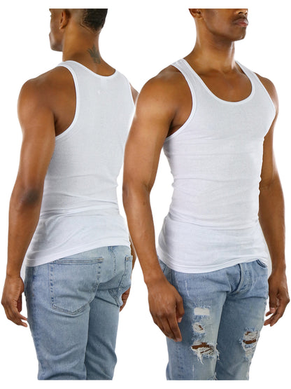 Men's Pack of 3 White Slim Fit Long Hem Cotton Tank Tops