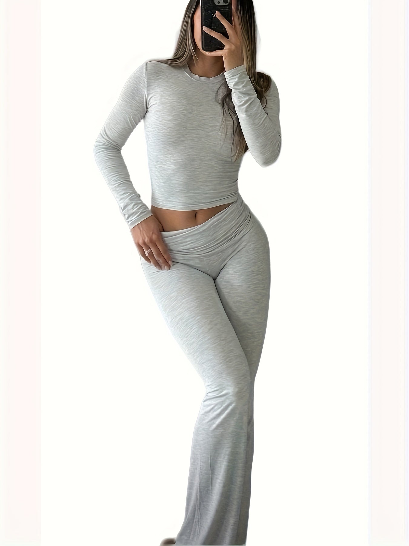 Casual Two Piece Outfits Long Sleeve High Waist Fold-Over Flare Flared Leggings Pants Sets Streetwear