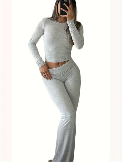 Casual Two Piece Outfits Long Sleeve High Waist Fold-Over Flare Flared Leggings Pants Sets Streetwear