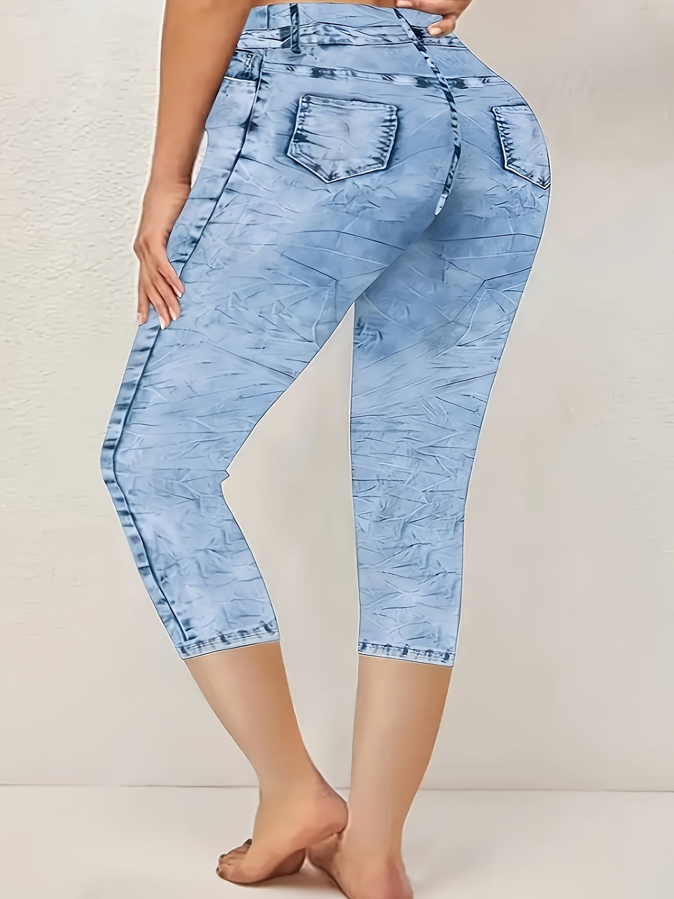 Plus Size, [Printed Pants - Not Denim Fabric] Women's High-Waisted Capri Pants - Light Blue Denim-Faux Denim Leggings with Anti-Faux Denim Pocket, Stretchy Four-Way Stretch Capri Length Pants Suitable for All Seasons, Plus Size Available