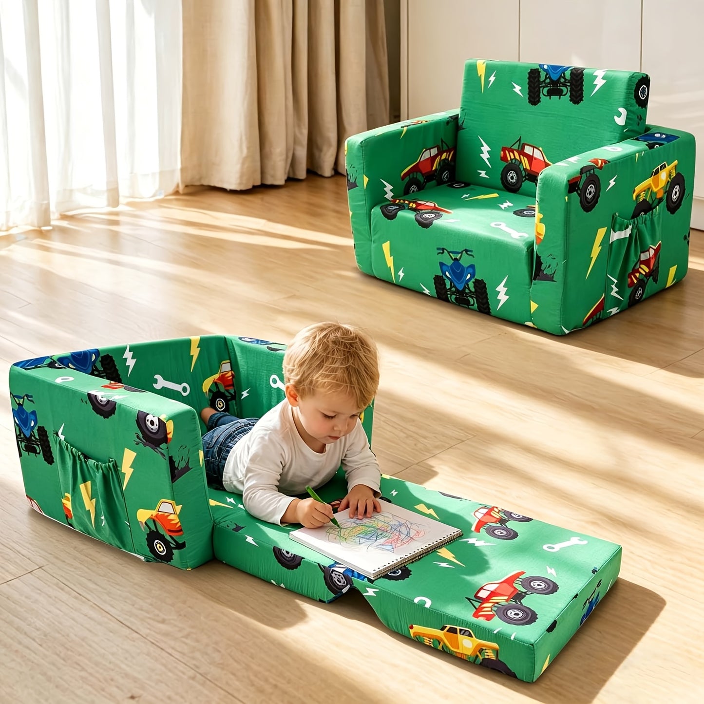 Convertible Kids Sofa Bed for Boys & Girls - Toddler Bed with Flip-Out Mechanism, Space-Saving Convertible Lounge Chair Suitable for, Daycare, Small Rooms, Frame