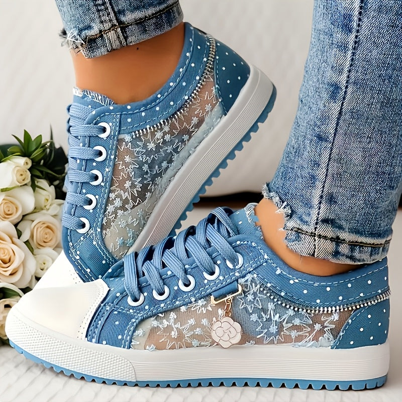 Breathable Mesh Women's Flats - Casual Low-Top Sneakers with Floral Design, Plus Size Available