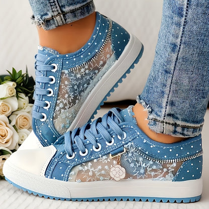 Breathable Mesh Women's Flats - Casual Low-Top Sneakers with Floral Design, Plus Size Available