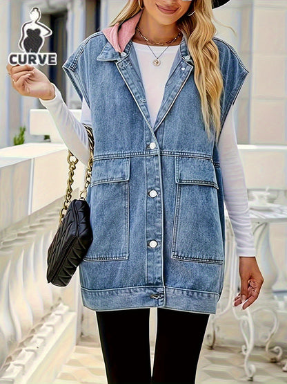 Large Loose Casual Denim Jacket with Hooded Vest, Detachable Hat