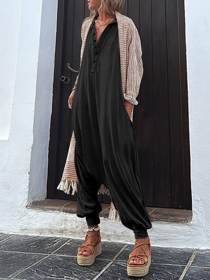 Women'S Solid Color V-Neck Button-Up Hooded Jumpsuit with Side Pockets - Loose Fit Long Sleeve Wide-Leg Casual Jumpsuit for All Seasons