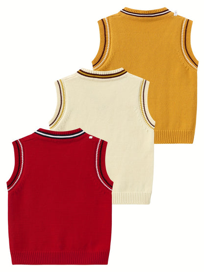 Set of 3, Knitted Undershirts for Kids Suitable for Autumn And Winter, Featuring a Collegiate Style Vest And Sleeveless Design