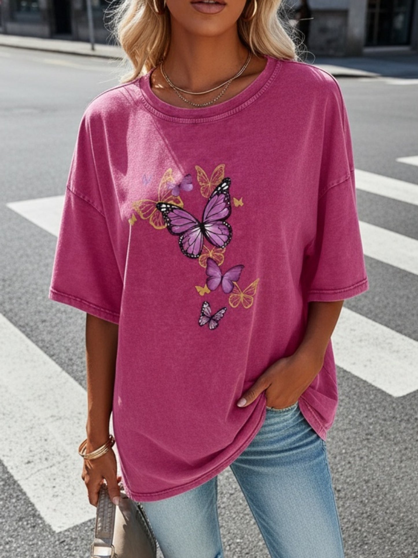 Women's Trendy Printed Retro Washed T-Shirt - 230g Thick, Retro Street Style Crew Neck Short Sleeve, Machine Washable, Perfect for Spring/Summer Casual Wear, Unique Loose Fit Women's T-Shirt