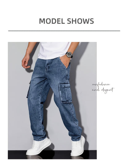 Men's Workwear Straight Leg Jeans - Loose Multi-Pocket Washed Denim