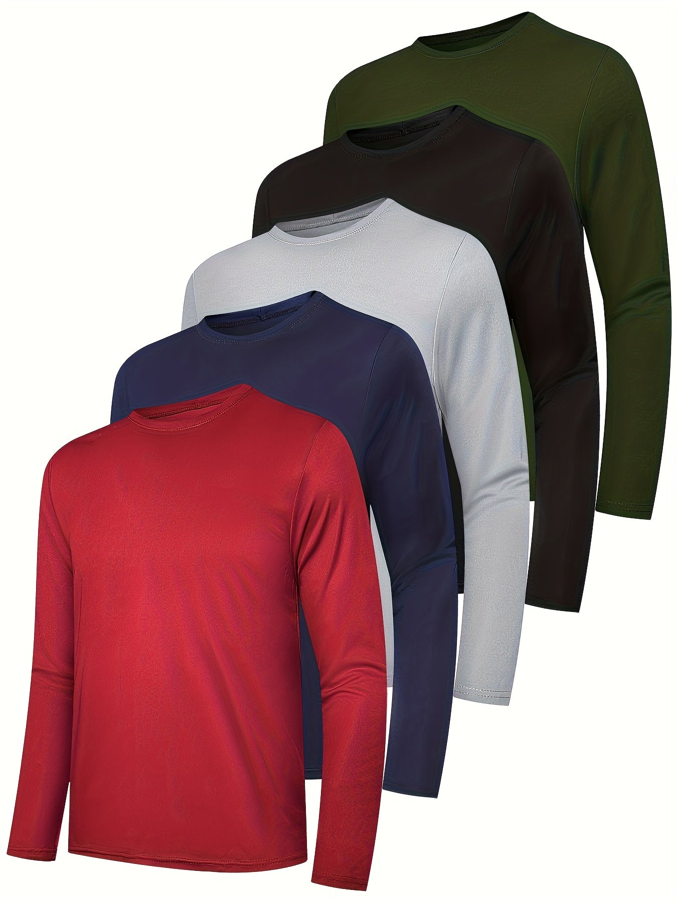 5pcs Men'S Sports And Leisure Long Sleeved T-shirt, Multi-color Basic Style, Breathable Quick Drying Solid Color Round Neck Sports Top