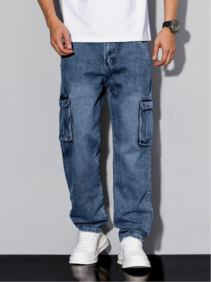 Men's Workwear Straight Leg Jeans - Loose Multi-Pocket Washed Denim