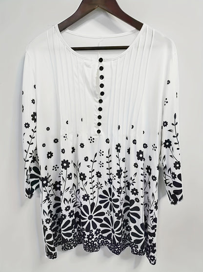 Plus Size - Plus Size - Elegant V-Neck Button Top with Floral Design And 3/4 Sleeves for Women, Suitable for Casual Wear in Autumn And Winter, Machine Washable
