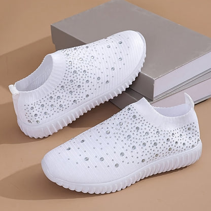 Women's Rhinestone Slip On Sneakers Sparkly Knit Walking Shoes Comfort Breathable Mesh Athletic Footwear Casual Bling Tennis Shoes Flat Loafers for Daily Wear Work Travel Trendy Lightweight Ladies