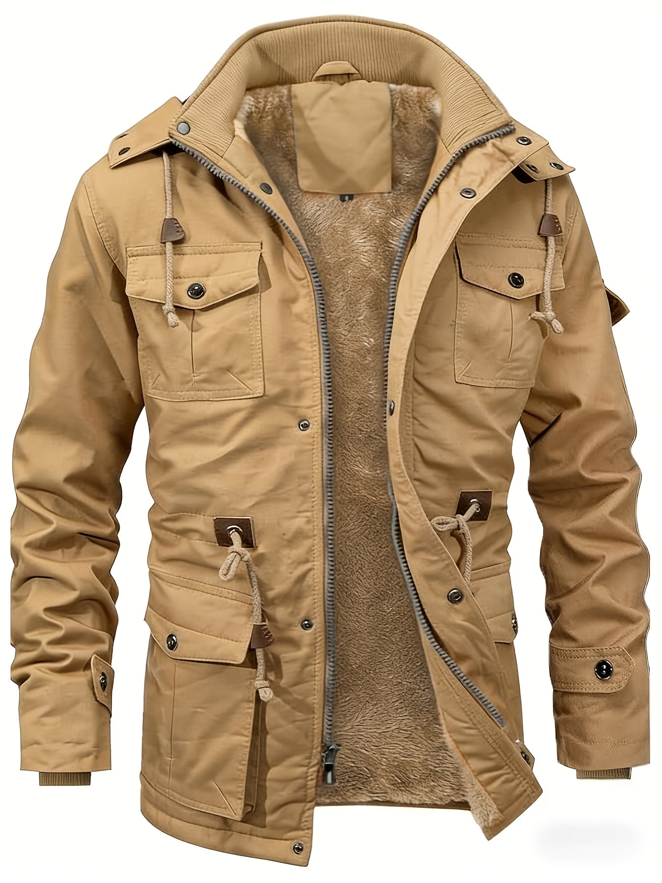 Men'S Jackets Fleece Lined Work Coats Warm Cargo Jackets with Hood