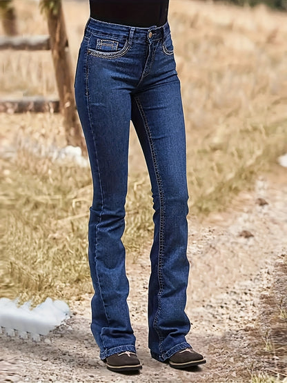 [Comfort Fit Jeans] Mid-Rise Comfort Fit Women's Stretch Denim Flare Jeans | Star Embroidery, Slash Pockets, All-Season Casual Wear, Blue Denim Bell Bottoms