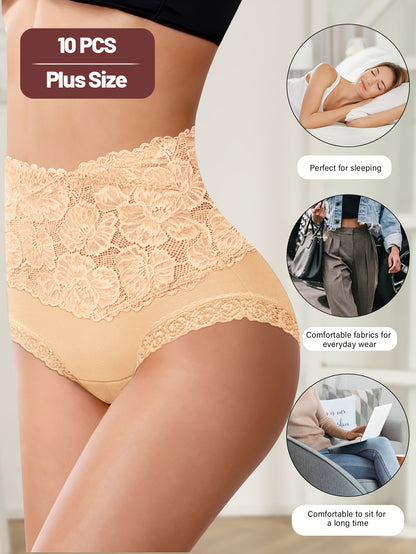 10pcs of Women's Plus-size High-waisted Seamless Tummy Control Panties- Lace-trimmed, Medium Stretch, Comfortable Daily Wear, Elegant Solid Color, Exquisite Design, Moderate Elasticity, Stylish and Durable, Exclusive Curves