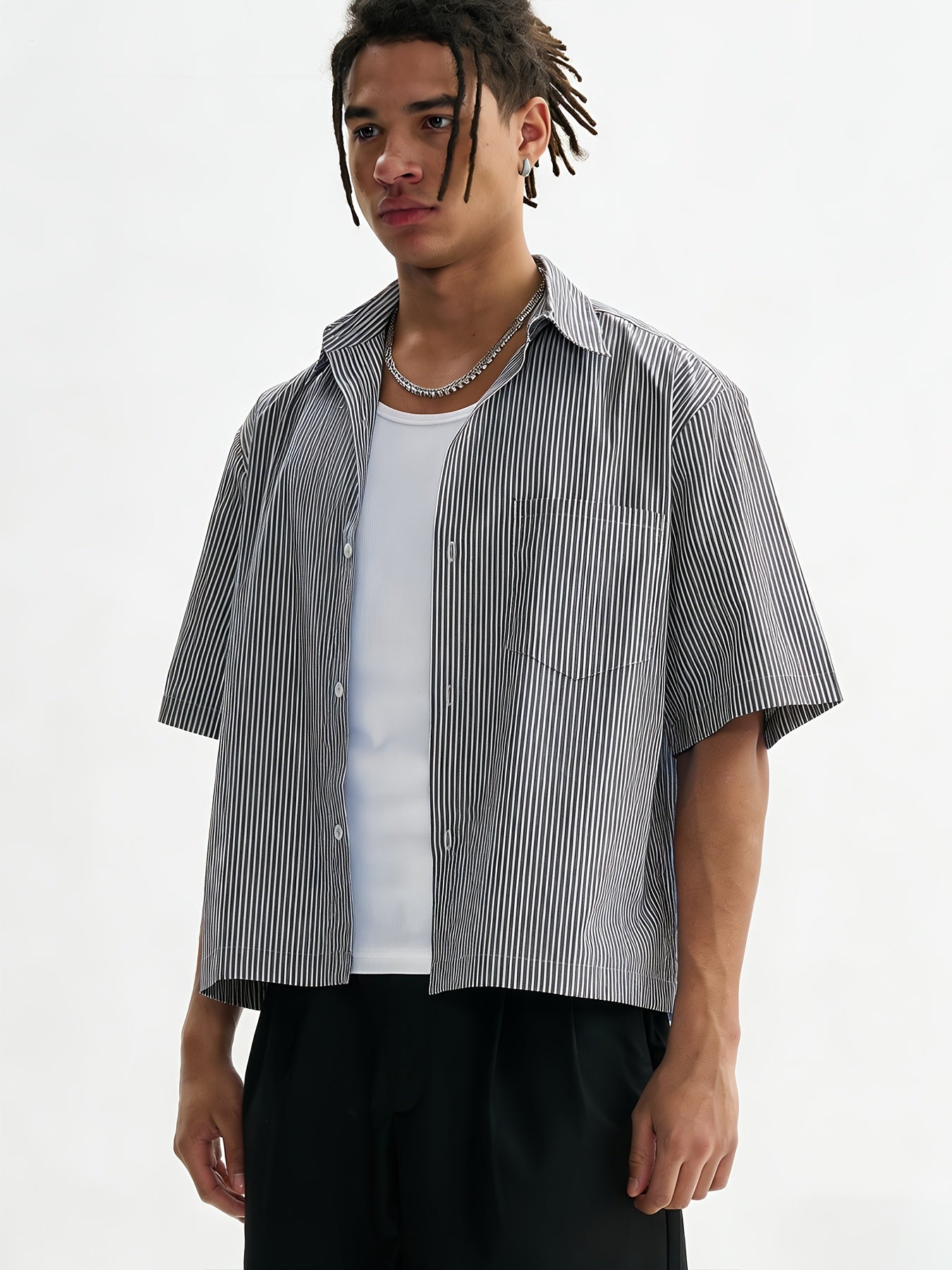 Unisex Casual Striped Shirt - Oversized, Loose Fit, Short Sleeve with Chest Patch Pocket | Lightweight Polyester Fabric | Perfect for Everyday, Beach, Party & Streetwear | Casual Attire | Chic Casual Style | Nontransparent Fabric