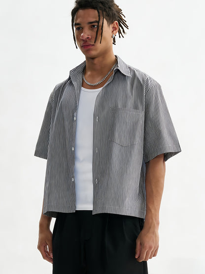Unisex Casual Striped Shirt - Oversized, Loose Fit, Short Sleeve with Chest Patch Pocket | Lightweight Polyester Fabric | Perfect for Everyday, Beach, Party & Streetwear | Casual Attire | Chic Casual Style | Nontransparent Fabric