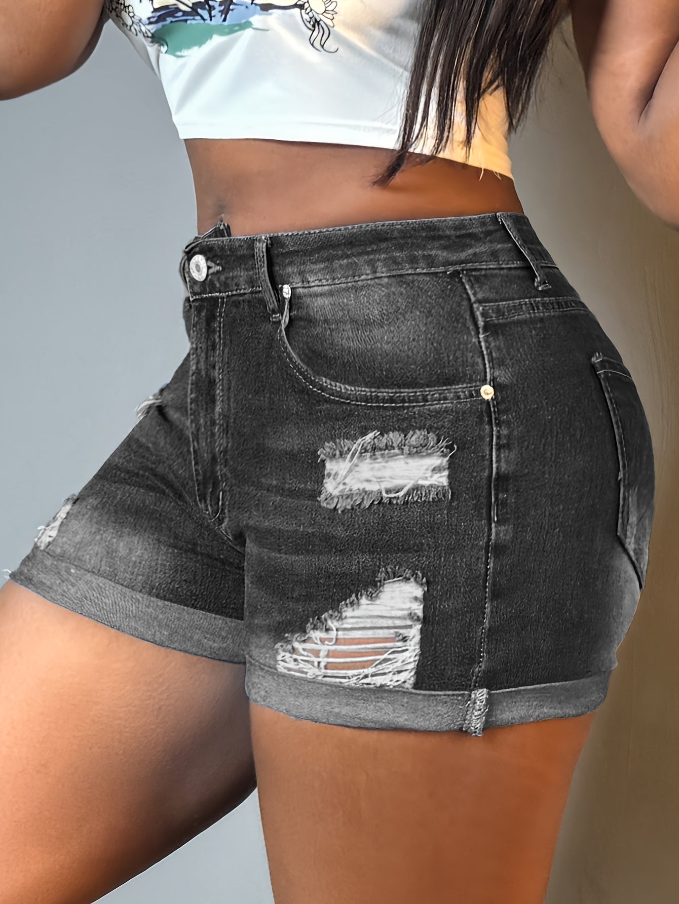Women's High-Stretch Ripped Denim Shorts - Summer Casual Straight Leg Shorts with Practical Pockets, Machine Washable & Distressed Details for Everyday Comfort