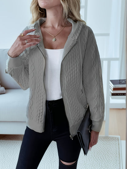 Women'S Casual Solid Zip-Up Hoodie - Fashionable Fall/Winter Long-Sleeve Outerwear, White Bomber Design, Textured Details, Casual Hoodie | Fashionable Zip-Up | Textured Detail Jacket