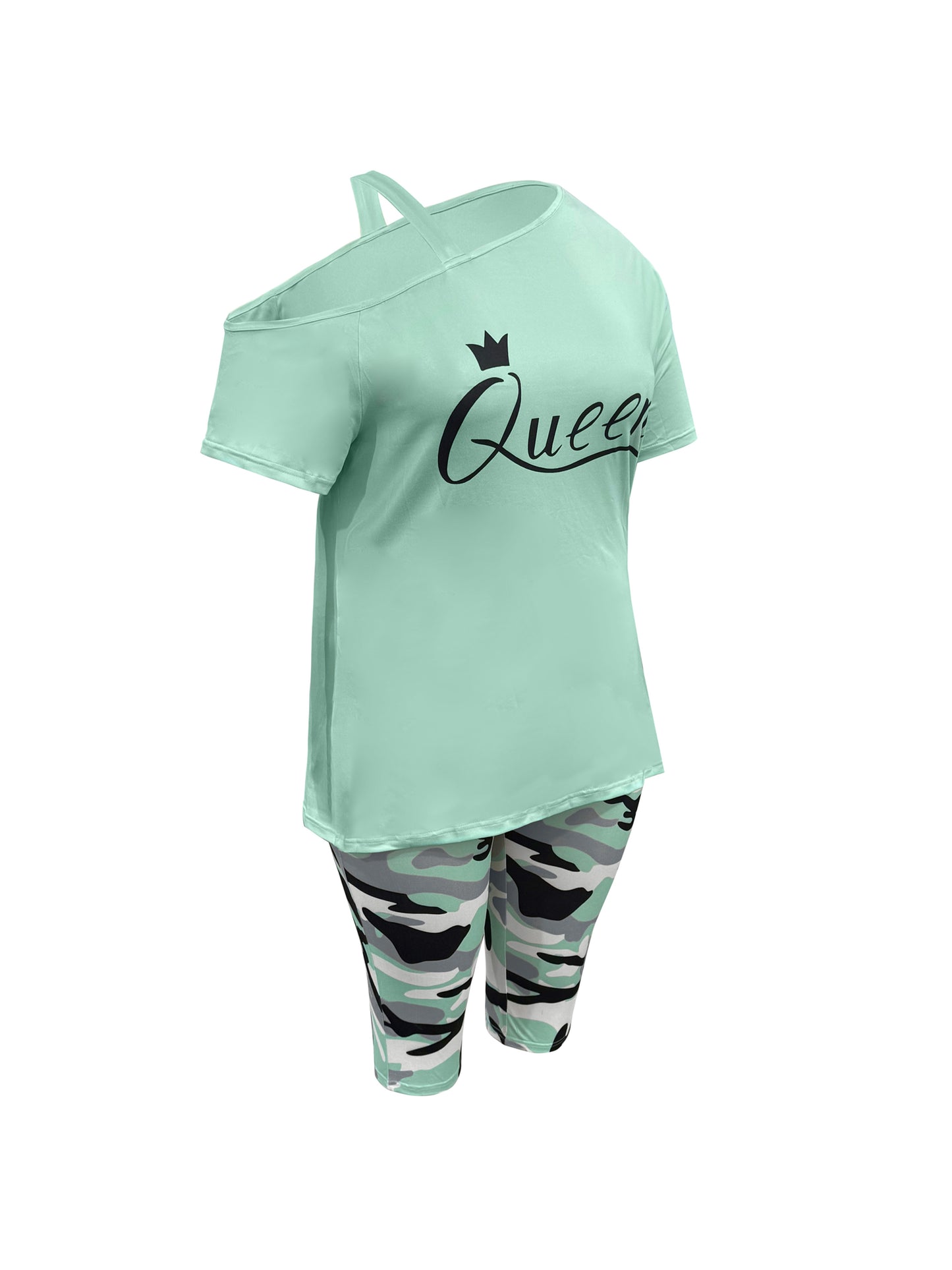 Plus Size - Ladies Plus Size Daily Casual One-Shoulder Short Sleeve Two-Piece Outfit, Diagonal Shoulder Design, Slim Fit Camouflage Pants Suit With Letter Print.