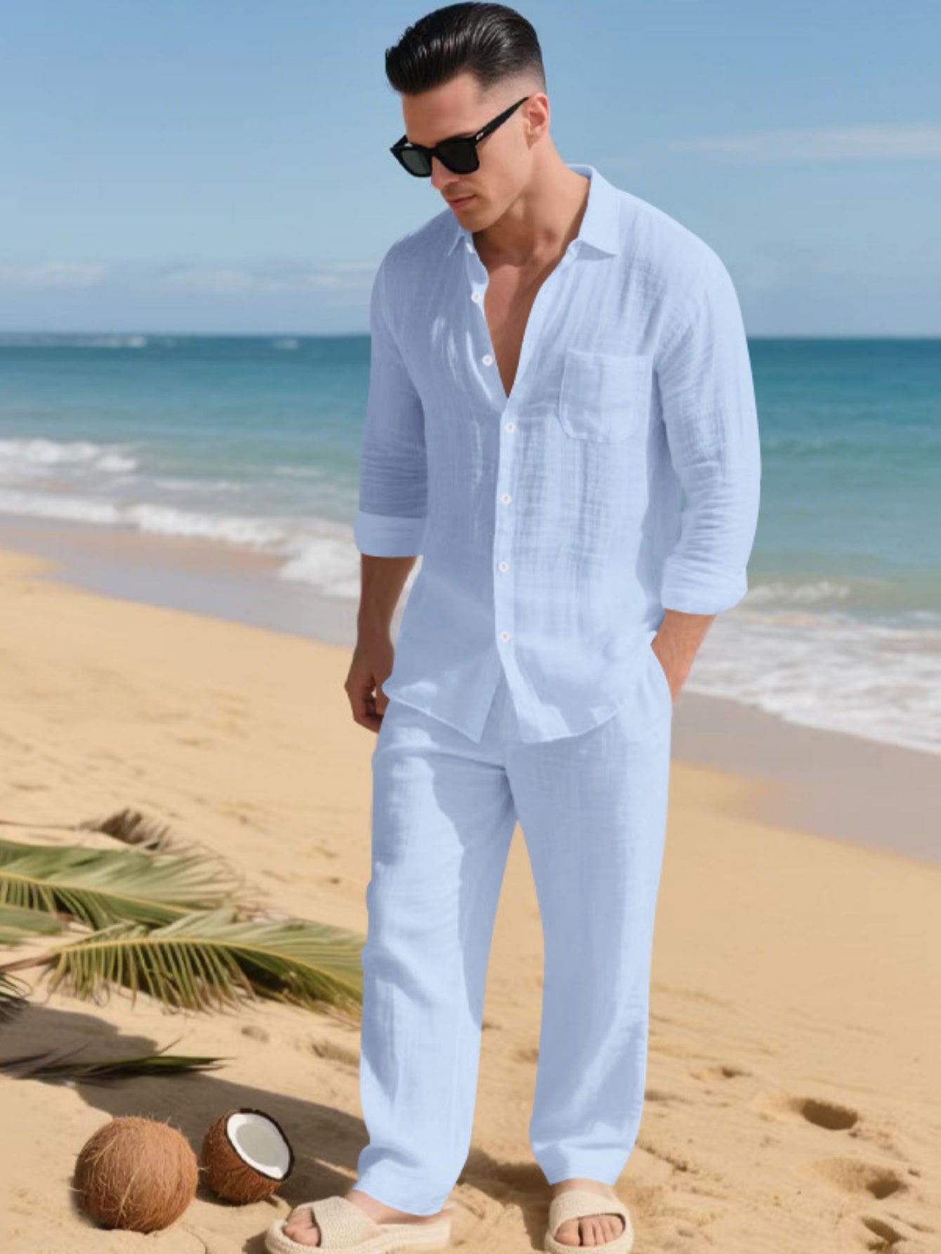 Men's Linen Casual 2pcs Set Breathable Long Sleeve Shirt & Pants Set Semi-Formal Casual Beach Vacation Wear