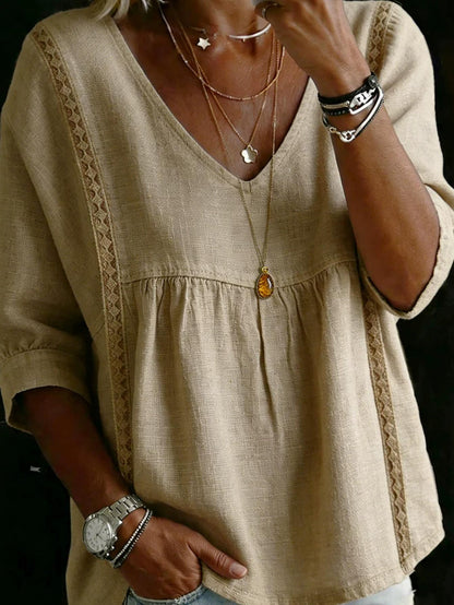 Women'S V-neck Loose-fit Top With Lace Panels; Elegant Design, Three-quarter-length Puff Sleeves, Lace Cut-out Detailing At The Sides, Figure-flattering Cut That Conceals The Tummy; Perfect For Bohemian-inspired Office Wear
