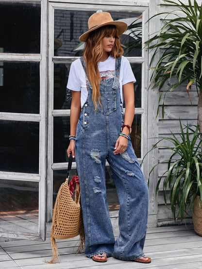 [Denim Overalls] Women's Denim Overalls with Adjustable Shoulder Straps - Relaxed Fit, Distressed Wide-Leg Trousers, Perfect for Spring, Summer, And Fall, Machine Washable with Decorative Pockets