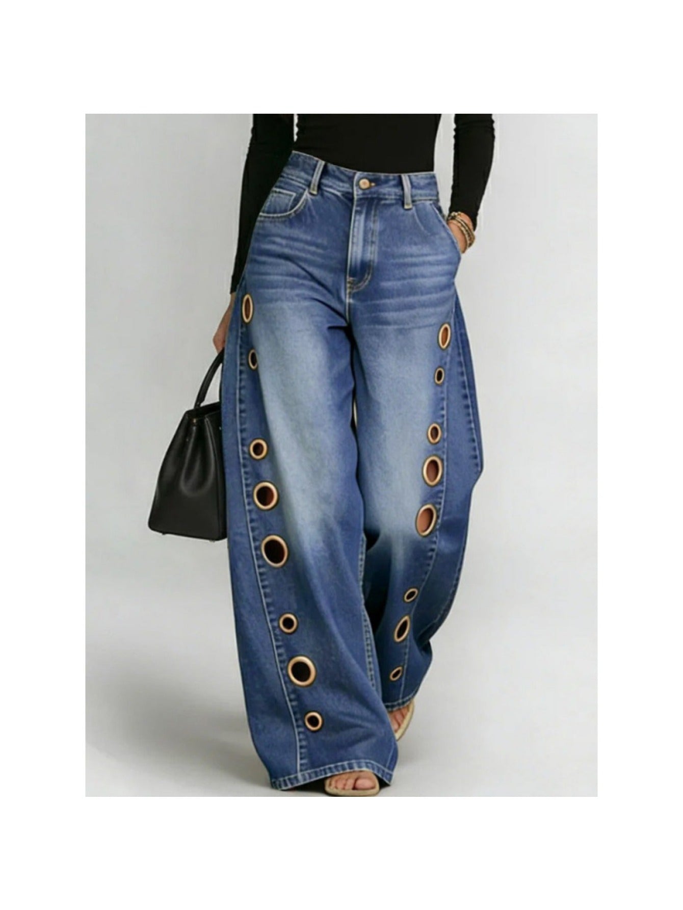 [Casual High-Waisted Jeans] New Women's Jeans 2026 with Metallic Eye Design - Casual Loose High-Waisted Wide Pants for Women