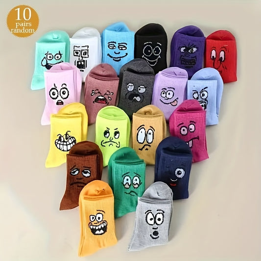 20 Different Mood Designs Colorful Cartoon Face Painting Socks, Funny Novelty Expression Pattern Socks, Unisex All Season Daily Outdoor Casual Socks, Random 10 Pairs