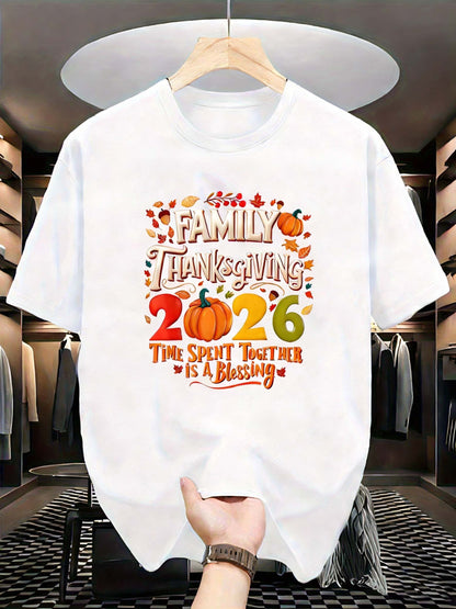 2026 Family Thanksgiving T-Shirt - Celebrating the Joy of Being Together: Autumn Harvest Design T-Shirt with Vibrant Pumpkin and Leaf Pattern - Casual Crew Neck T-Shirt, Perfect for Fall Celebrations - Ideal Thanksgiving Gift for Family Gatherings