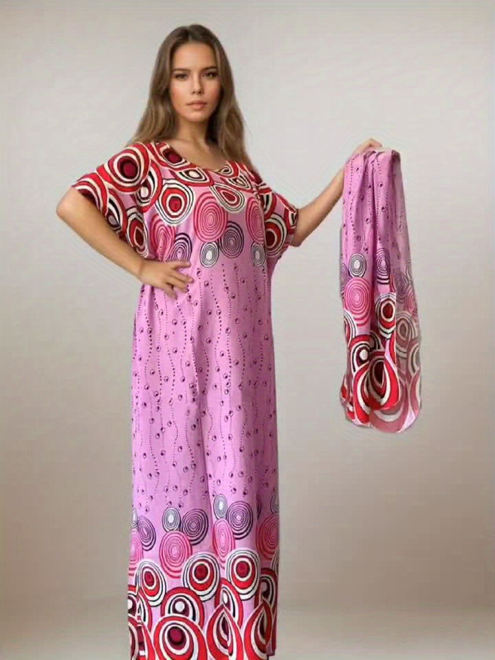 Geo Print Boat Neck Loose Dress, Elegant Batwing Sleeve Maxi Cover Up Dress, Women'S Clothing
