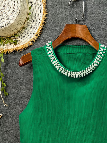 [Plus Size Tank Top] Plus Size - Ladies' Spring/Summer Fashion Nail Bead Solid Color Sleeveless Tank Top Elegant Breathable Large Top