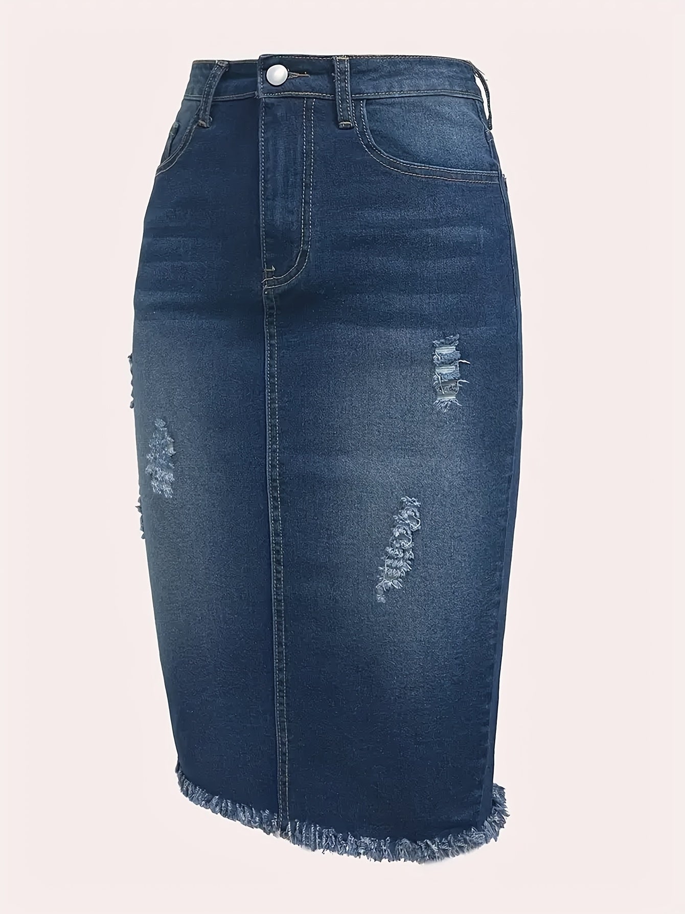 Vintage High-Waisted Denim Midi Skirt with a Raw Hem - Stretchy, Machine Washable, And Perfect for Casual Wear in Spring, Summer, And Fall. Features a Distressed Look And Non-Transparent Fabric.